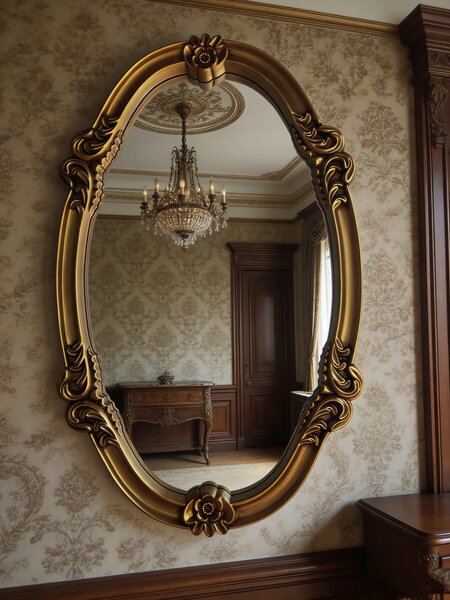 Oglindă decorativă de perete, ramă aurie antichizată, 90 x 55 cm
