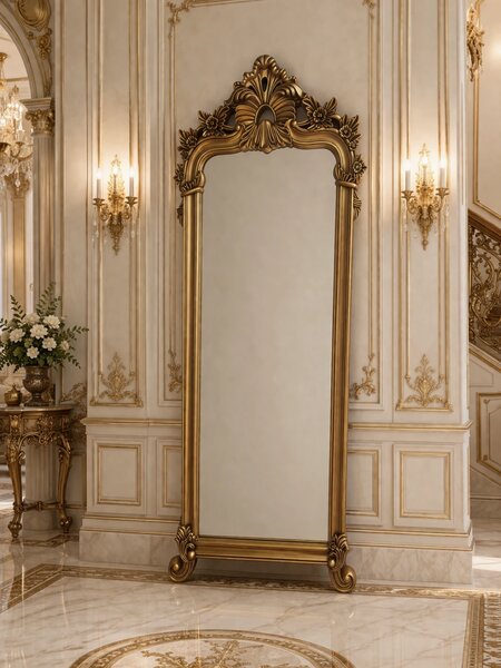 Oglindă decorativă de perete, ramă aurie antichizată, 168 x 69 cm