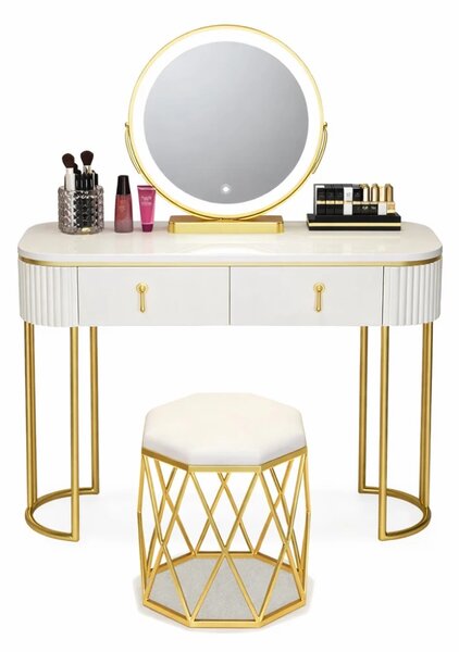 Set LISA, Masă de toaletă pentru machiaj cu oglindă iluminată LED, control touch, sertar, taburet tapitat, Alb, 100x40x75 cm