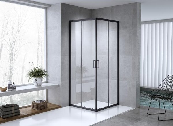 Cabină de duș pătrată Mediterraneo Siri Black 80x80 cm, cu uși culisante rabatabile, sticlă securizată 5 mm, negru mat