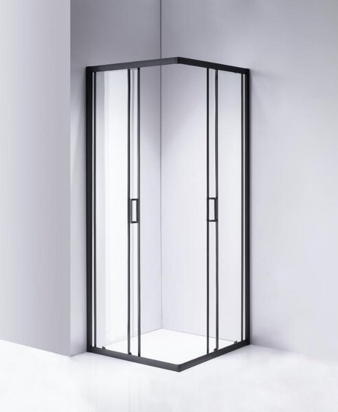 Cabină de duș pătrată Mediterraneo Siri Black 80x80 cm, cu uși culisante rabatabile, sticlă securizată 5 mm, negru mat