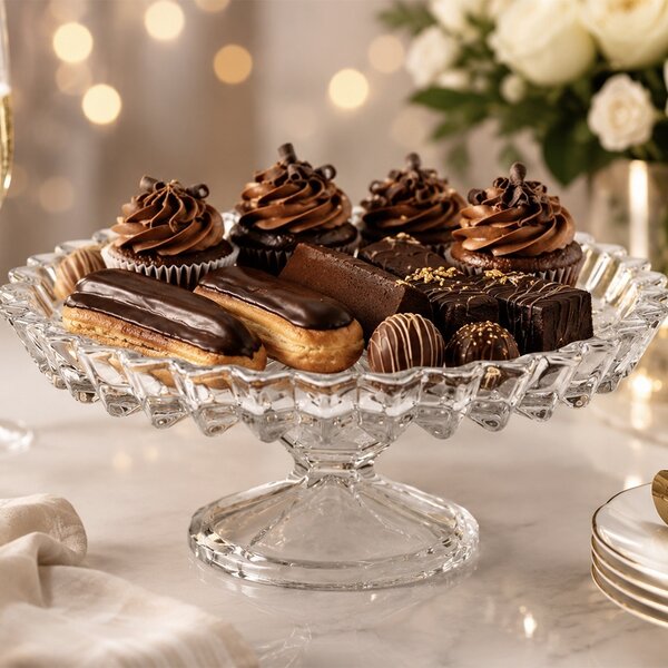 Fructiera tip platou Pufo Ellegance din sticla cu picior pentru prajituri, torturi, candy bar, fructe, aperitive, 28 cm