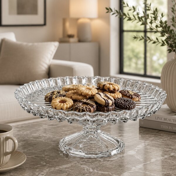 Fructiera tip platou Pufo Ellegance din sticla cu picior pentru prajituri, torturi, candy bar, fructe, aperitive, 28 cm
