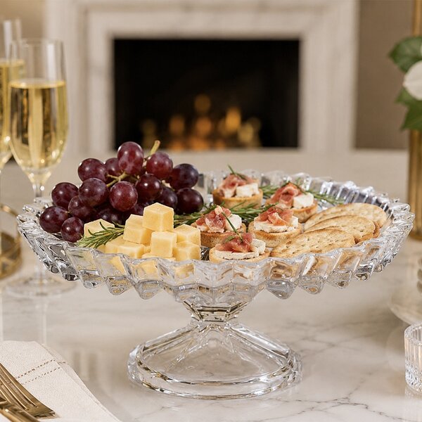Fructiera tip platou Pufo Ellegance din sticla cu picior pentru prajituri, torturi, candy bar, fructe, aperitive, 28 cm