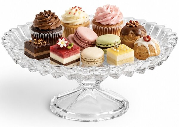 Fructiera tip platou Pufo Ellegance din sticla cu picior pentru prajituri, torturi, candy bar, fructe, aperitive, 28 cm