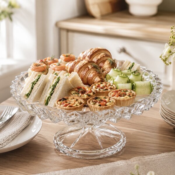 Fructiera tip platou Pufo Ellegance din sticla cu picior pentru prajituri, torturi, candy bar, fructe, aperitive, 28 cm