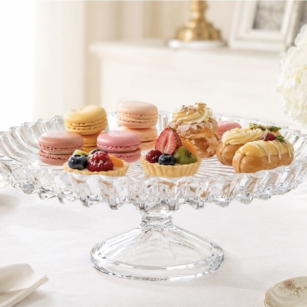 Fructiera tip platou Pufo Ellegance din sticla cu picior pentru prajituri, torturi, candy bar, fructe, aperitive, 28 cm