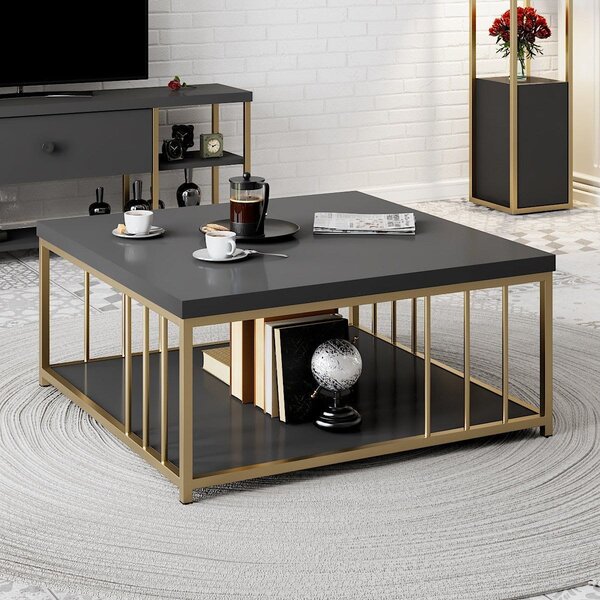 Masuta cafea Zenn, gri antracit/auriu, PAL melaminat/metal, 90x90x40 c