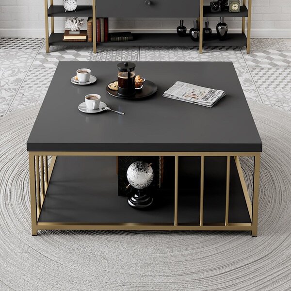Masuta cafea Zenn, gri antracit/auriu, PAL melaminat/metal, 90x90x40 c