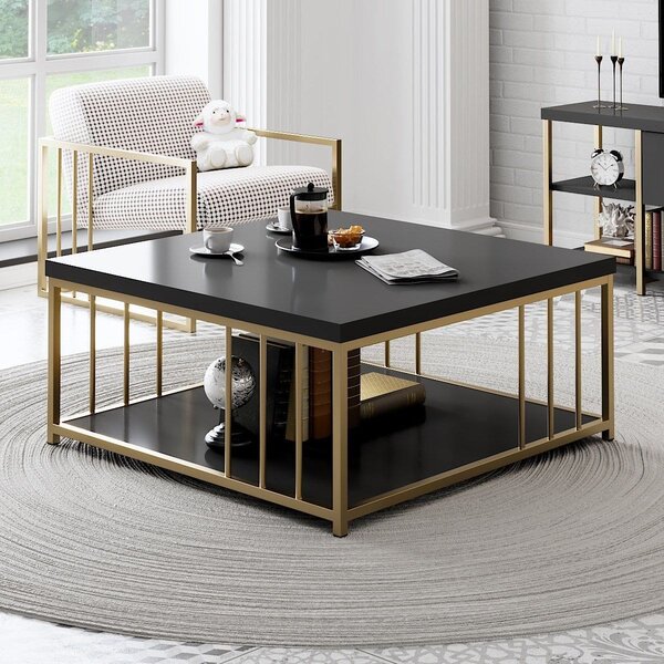 Masuta cafea Zenn, gri antracit/auriu, PAL melaminat/metal, 90x90x40 c