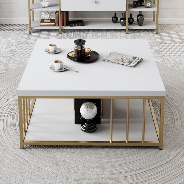 Masuta cafea Zenn, alb/auriu, PAL melaminat/metal, 90x90x40 cm