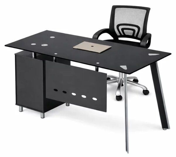 Set Venus & FlexiPro - Birou cu blat din sticla,dulap lateral fix si Scaun de birou ergonomic cu spatar mesh