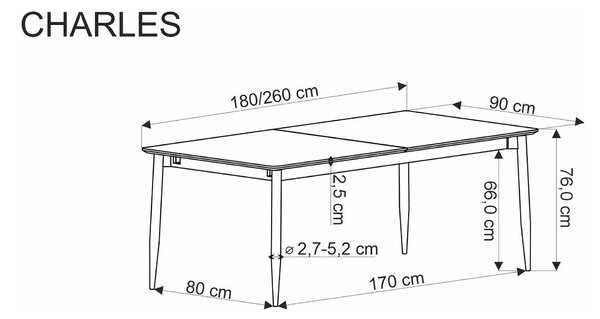 Masa extensibila CHARLES, gri/negru, 180/260x90x76 cm