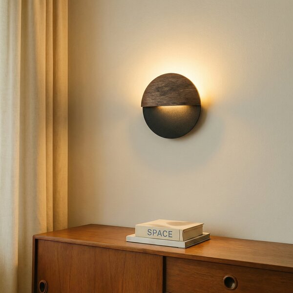 SIGMA Aplică LED Luna S, negru/wenge, oțel, lemn, 3.000 K, Negru, Camera de zi / sufragerie, Metal, Modern