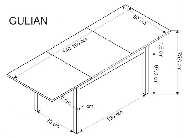 Masa extensibila GULIAN, stejar/negru, PAL laminat/lemn, 140/180x90x76