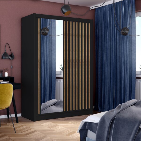 KONDELA Dulap cu uşi glisante, negru / stejar craft, 150x215 cm, LADDER