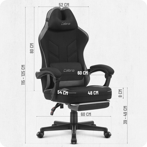 CABRO C504 scaun de gaming cu tapițerie din țesătură și suport pentru picioare, suportă până la 150 kg, negru și gri