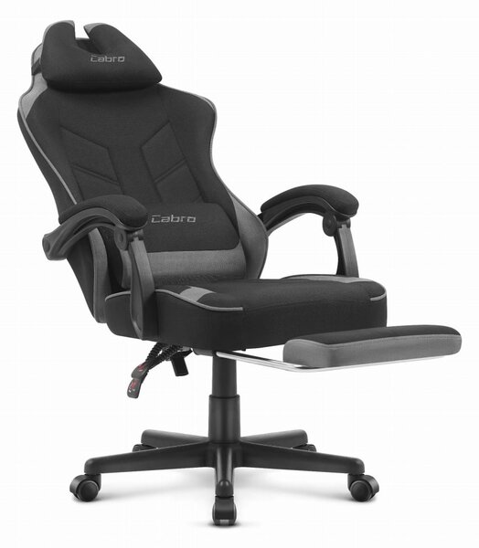 CABRO C504 scaun de gaming cu tapițerie din țesătură și suport pentru picioare, suportă până la 150 kg, negru și gri