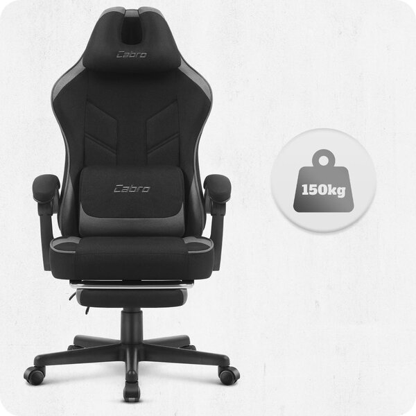 CABRO C504 scaun de gaming cu tapițerie din țesătură și suport pentru picioare, suportă până la 150 kg, negru și gri