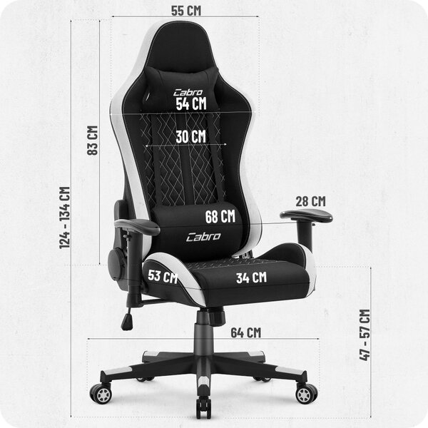 Scaun de gaming CABRO C508 cu spătar reglabil la 180° și cotiere 2D, capacitate de până la 150 kg, negru și alb