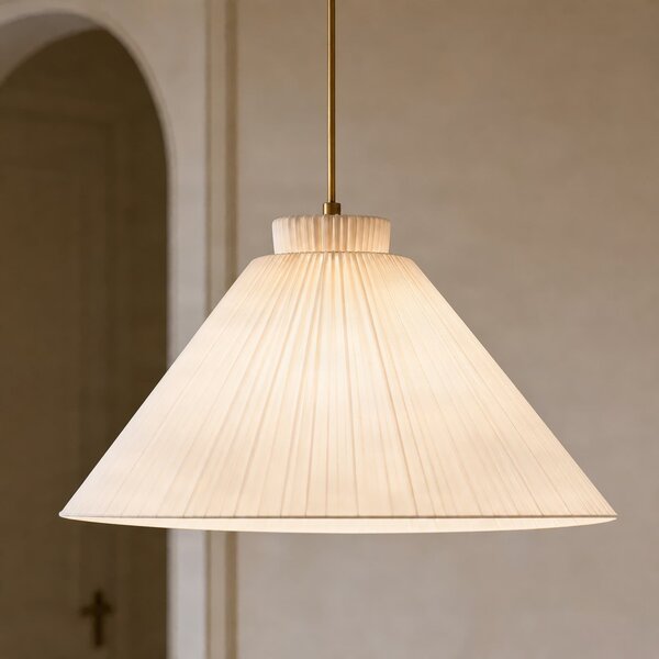 Lucande Lampă suspendată Lisbeth, Ø 50 cm, alb/alamă, E27, reglabil, Alb, Camera de zi / sufragerie, Țesătură / Textil, Casă de țară / Rustic