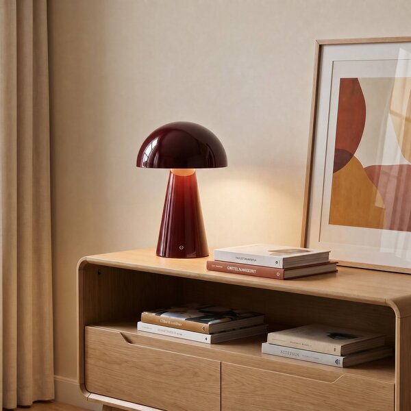 Lindby Lampa de masă cu baterie și LED Nevijo, roșie, Ø 20 cm, USB, dimabil, reglabil, Roșu, Camera de zi / sufragerie, Metal, Modern