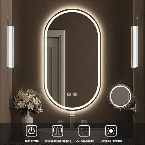 Oglindă Baie LED și Dezaburire Elit's Premium cu Senzor Touch, Lumina Rece, Caldă și Neutră, 50x80cm