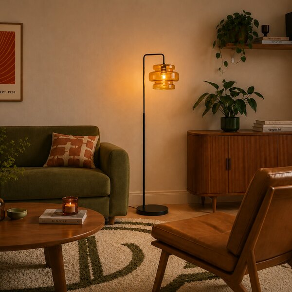Lampă de podea retro neagră cu sticlă portocalie - Denise