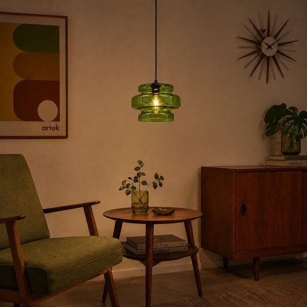 Lampă suspendată retro neagră cu sticlă verde - Denise