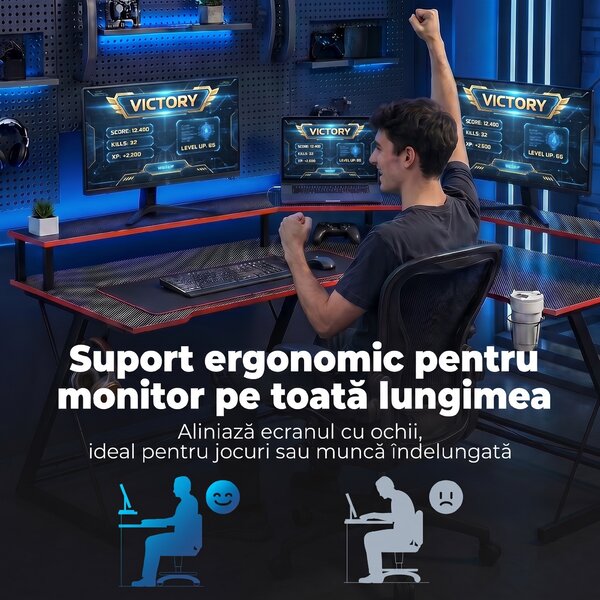 HOMCOM Birou în L cu Prize, 128 cm cu Suport Monitor | Aosom Romania