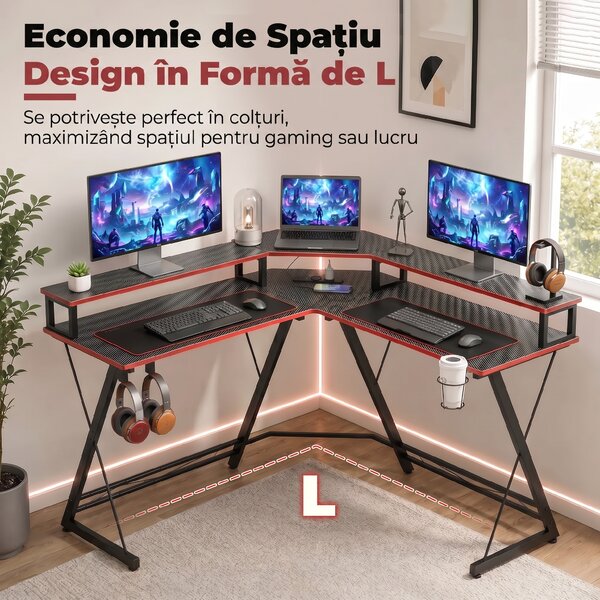HOMCOM Birou în L cu Prize, 128 cm cu Suport Monitor | Aosom Romania