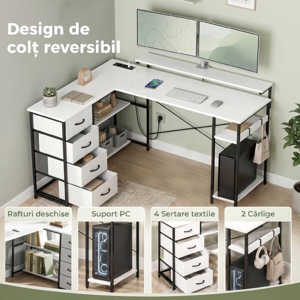 HOMCOM Birou de Colț în L, 155 cm, Reversibil, 4 Sertare Textile, Prize de Curent | Aosom Romania