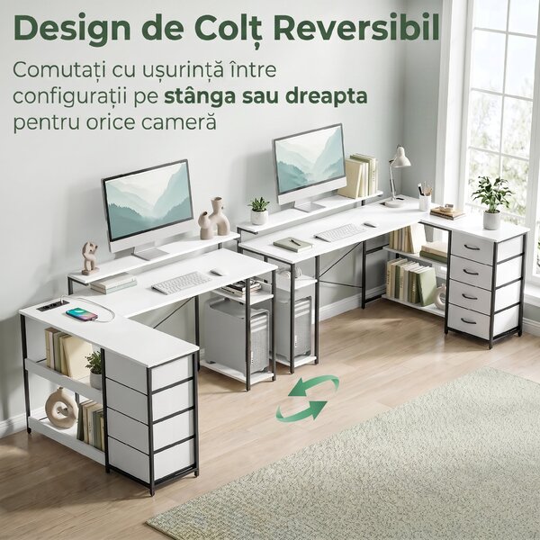 HOMCOM Birou de Colț în L, 155 cm, Reversibil, 4 Sertare Textile, Prize de Curent | Aosom Romania