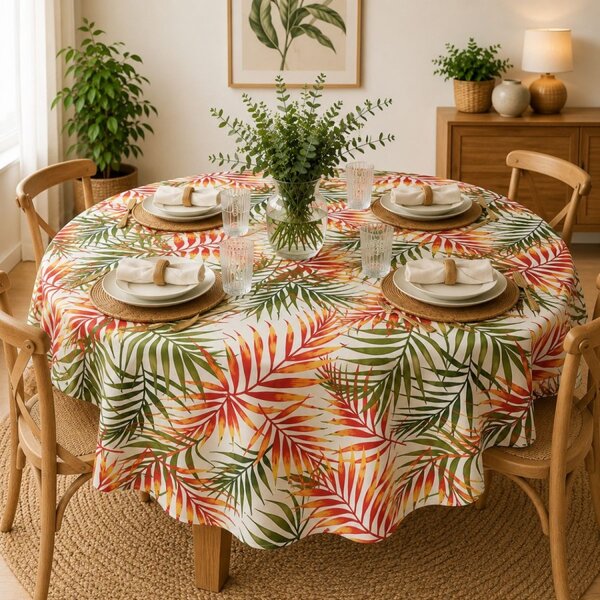 Fata de masa teflonata, rotunda, diametru 140cm, Frunze tropicale