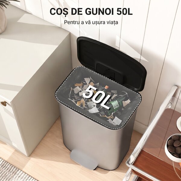 HOMCOM Coș de Gunoi cu Pedală de 50L cu Capac Amortizat, Deschidere la 90° și Găleată Detașabilă, Oțel Inoxidabil, Gri | Aosom Romania