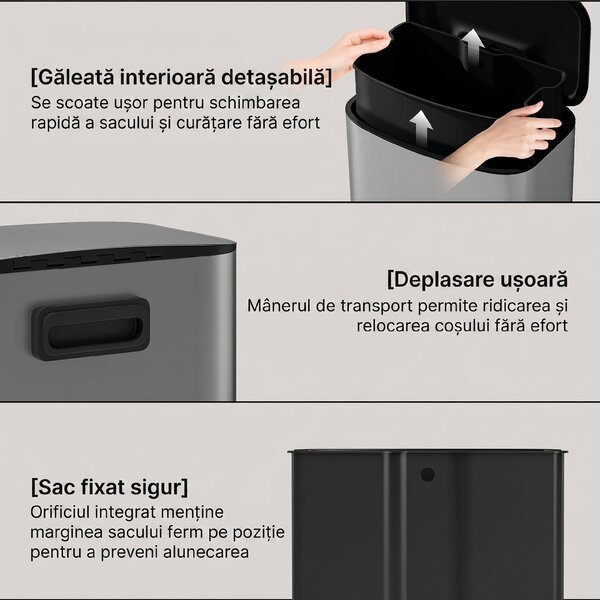 HOMCOM Coș de Gunoi cu Pedală de 50L cu Capac Amortizat, Deschidere la 90° și Găleată Detașabilă, Oțel Inoxidabil, Gri | Aosom Romania