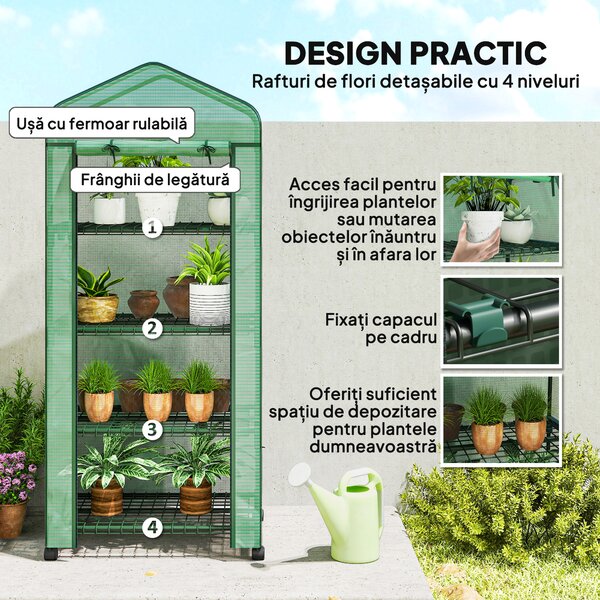 Outsunny Seră Portabilă, Seră pentru Flori și Plante pentru Exterior cu 4 Rafturi, Prelată PE, Verde | Aosom Romania