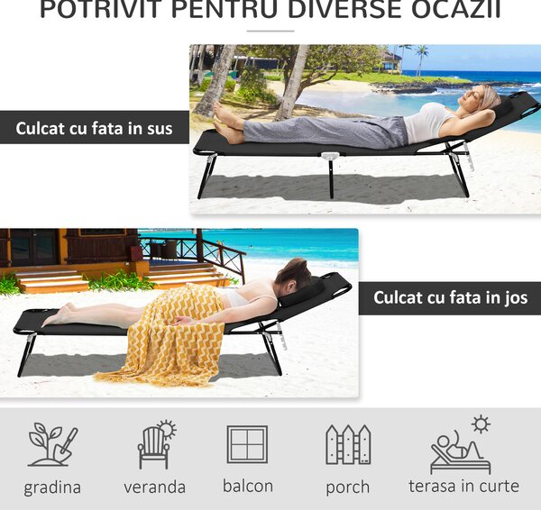 Sezlong Pliabil Outsunny cu Orificiu pentru Fata si Perne, pentru Gradina, Plaja si Camping, Negru | Aosom Romania