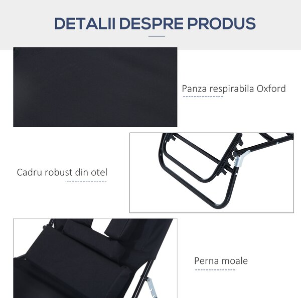 Sezlong Pliabil Outsunny cu Orificiu pentru Fata si Perne, pentru Gradina, Plaja si Camping, Negru | Aosom Romania