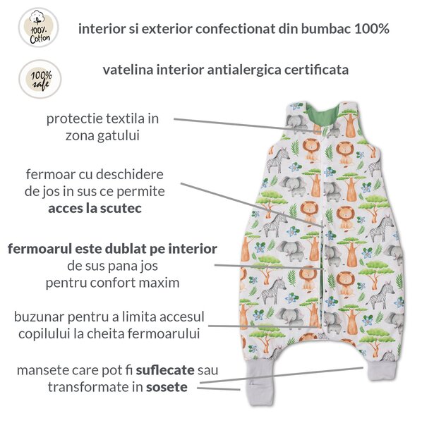 Sac de dormit cu picioare pentru copii 18-36 luni Kidizi Safari 1 tog, mansete transformabile in soseta