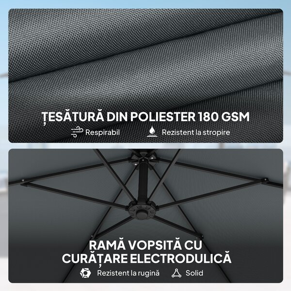 Outsunny Umbrelă de Grădină Offset 3x3 m, Umbrelă de Exterior cu Greutăți Reumplibile, Bază în Formă de Cruce, Sistem de Blocare, Manivelă, pentru Piscină Terasă, UV 30+, Gri Închis | Aosom Romania