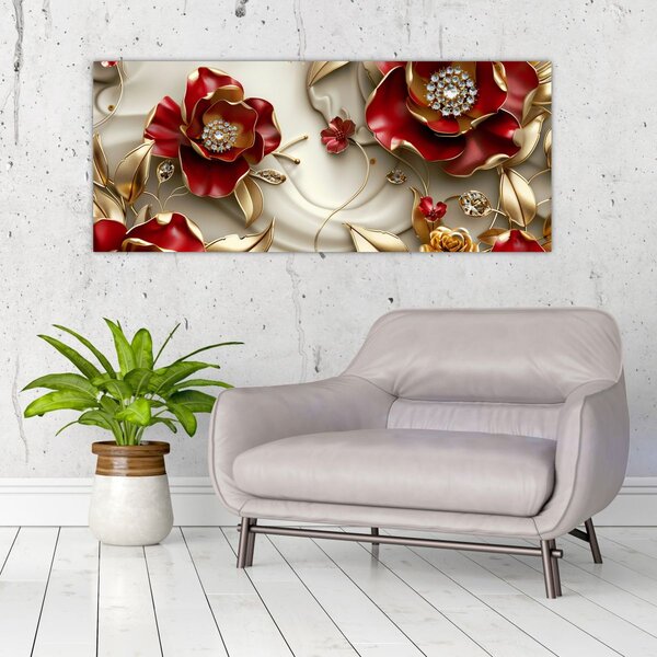 Tablou - Flori 3D Roșu-Auriu (120x50 cm)