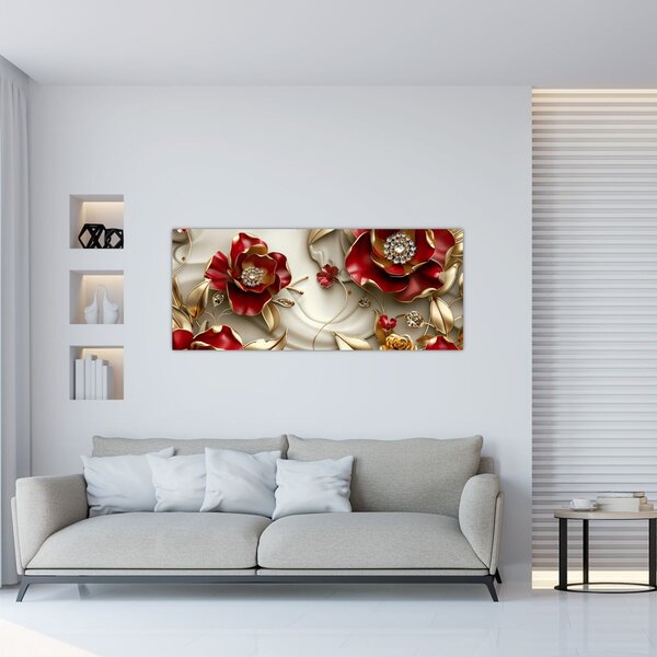 Tablou - Flori 3D Roșu-Auriu (120x50 cm)