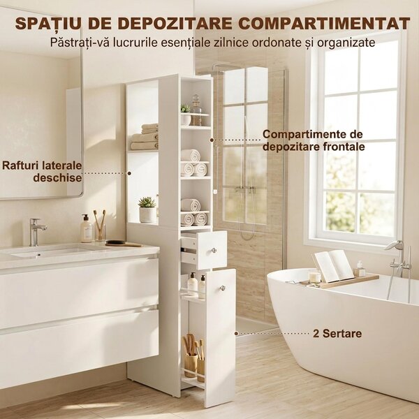 HOMCOM Dulap de Baie Înalt și Îngust cu 2 Sertare, 135 cm, Alb | Aosom Romania