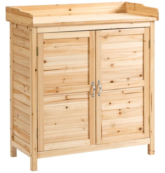 Dulap de exterior Outsunny cu 2 rafturi din lemn de brad cu design înălțat și 2 uși, 83x40x92 cm, culoarea lemnului | Aosom Romania