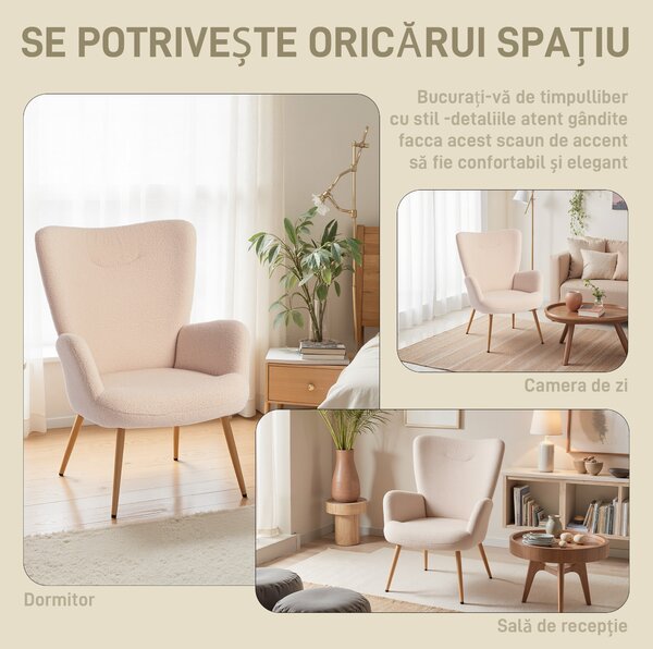 HOMCOM Fotoliu Modern Imbottito pentru Sufragerie, Fotoliu pentru Dormitor din Țesătură Sherpa cu Spătar Înalt și Brațe, Fotoliu Relax cu Cadru din Oțel pentru Sufragerie, Bej | Aosom Romania
