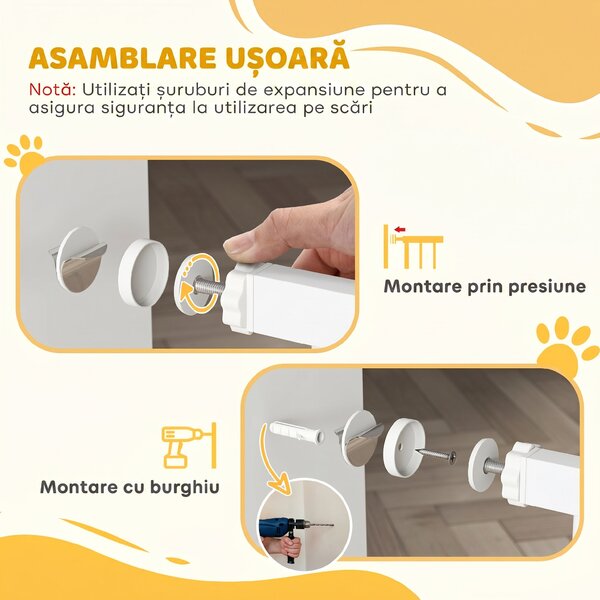 PawHut Poartă de Siguranță pentru Câini din Oțel și ABS, Poartă Extensibilă pentru Câini pentru Scări și Uși, 75-115 cm, Alb