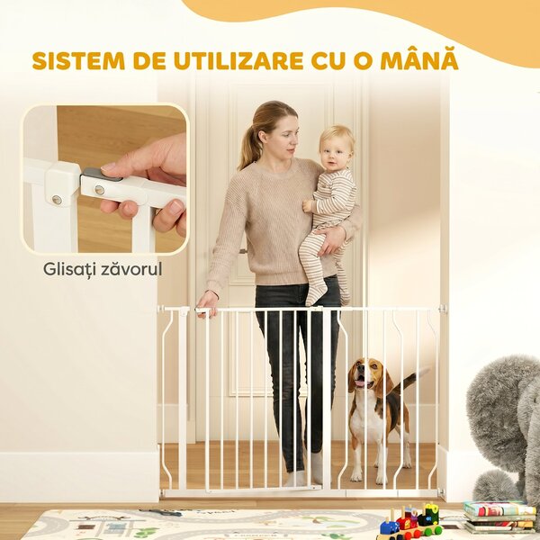 PawHut Poartă de Siguranță pentru Câini din Oțel și ABS, Poartă Extensibilă pentru Câini pentru Scări și Uși, 75-115 cm, Alb