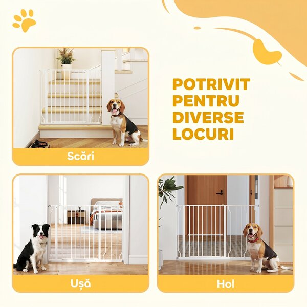 PawHut Poartă de Siguranță pentru Câini din Oțel și ABS, Poartă Extensibilă pentru Câini pentru Scări și Uși, 75-115 cm, Alb