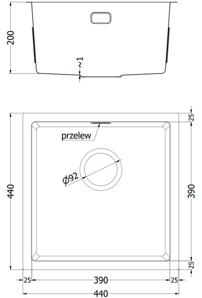 Chiuvetă Mexen Trixo, din oțel inoxidabil cu 1 cuvă, 440 x 440 mm, neagră, model fagure, 6413441000-70HC